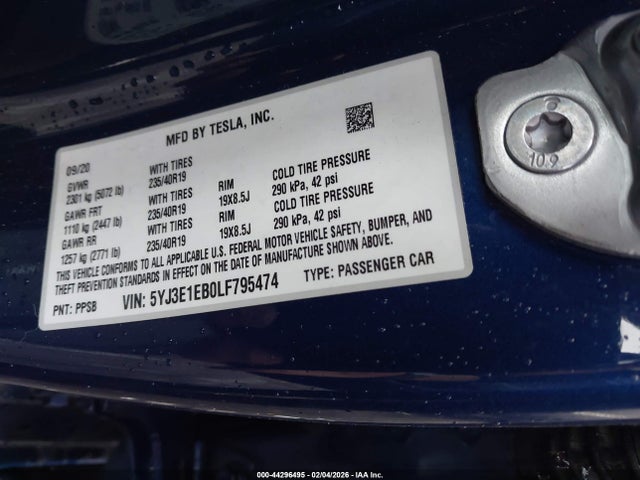 44296495 :رقم المزاد ، 5YJ3E1EB0LF795474 vin ، 2020 Tesla Model 3 Long Range Dual Motor All-wheel Drive مزاد بيع