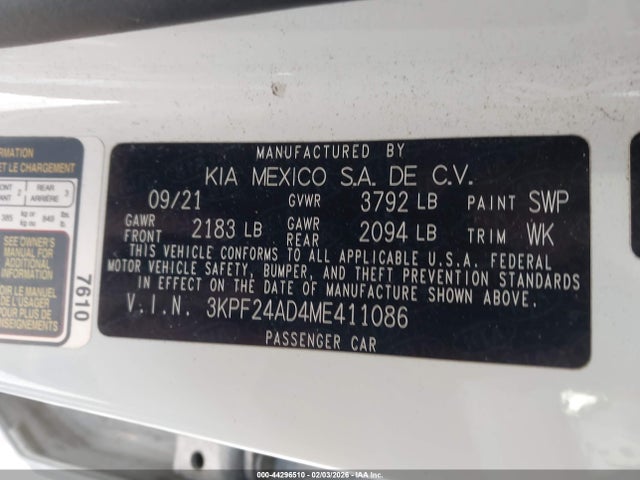 44296510 :رقم المزاد ، 3KPF24AD4ME411086 vin ، 2021 Kia Forte Lxs مزاد بيع