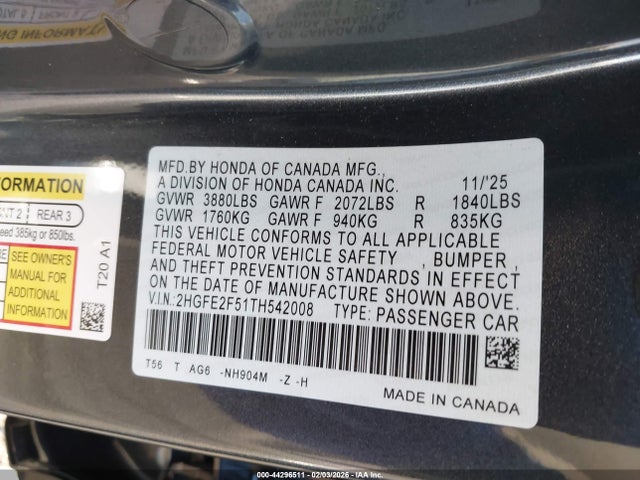 2HGFE2F51TH542008 Honda Civic Sport