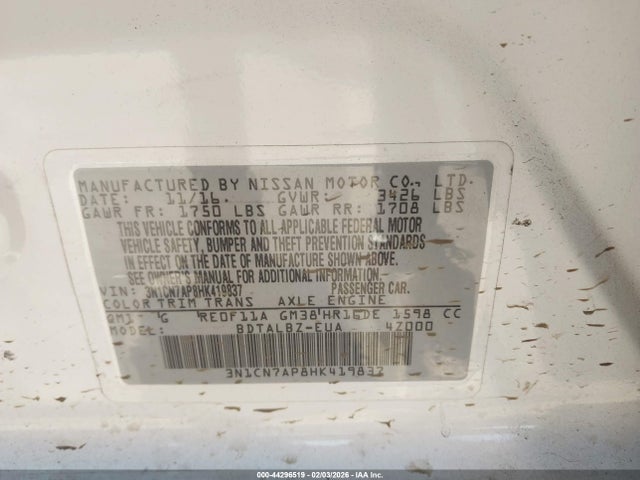 3N1CN7AP8HK419837 Nissan Versa 1.6 Sv