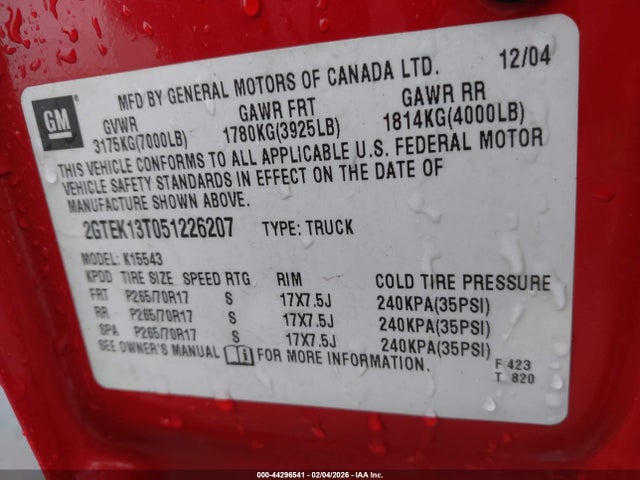 Продажа на аукционе авто 2005 Gmc Sierra 1500 Slt, vin: 2GTEK13T051226207, номер лота: 44296541