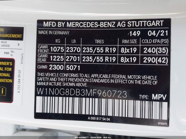 W1N0G8DB3MF960723 Mercedes-Benz Glc 300 Suv
