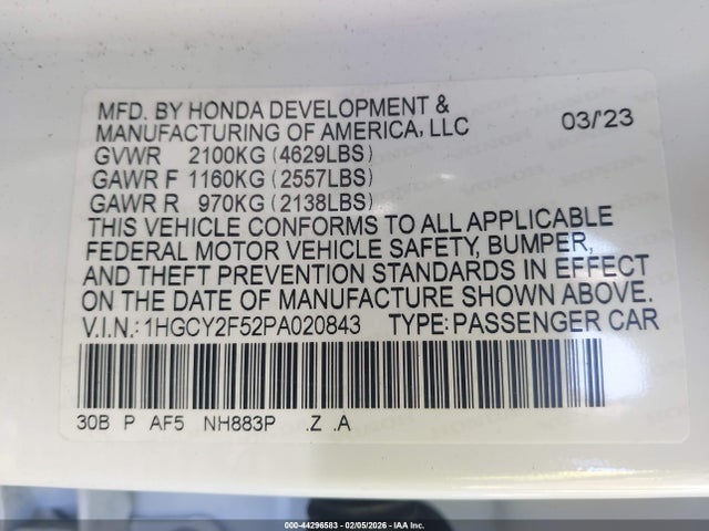 2023 Honda Accord Hybrid Sport მანქანა იყიდება აუქციონზე, vin: 1HGCY2F52PA020843, აუქციონის ნომერი: 44296583