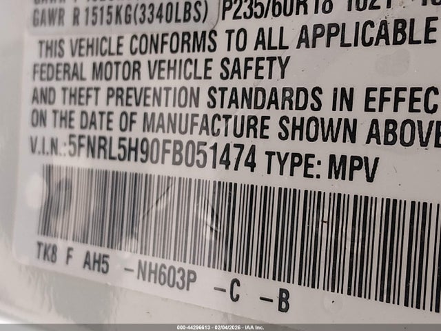 5FNRL5H90FB051474 Honda Odyssey Touring/touring Elite