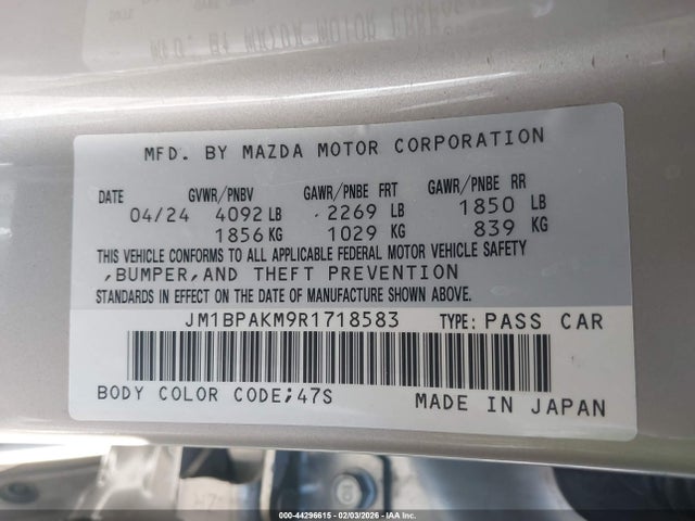 Aukcja sprzedaży 2024 Mazda Mazda3 2.5 S Select Sport, vin: JM1BPAKM9R1718583, numer aukcji: 44296615