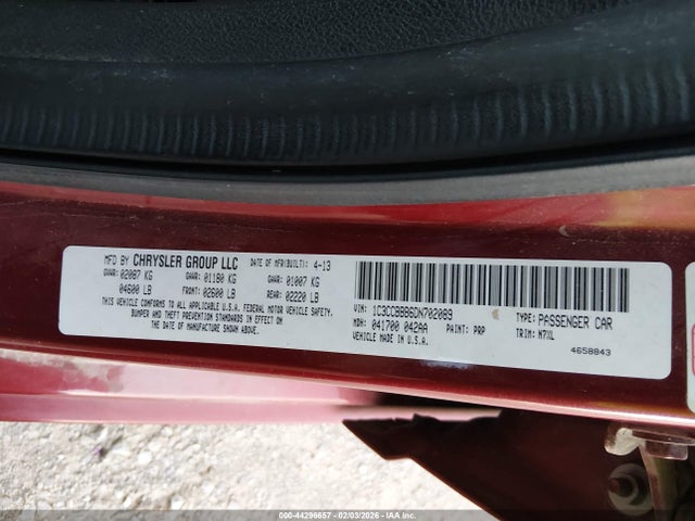 2013 Chrysler 200 Touring მანქანა იყიდება აუქციონზე, vin: 1C3CCBBB6DN702089, აუქციონის ნომერი: 44296657