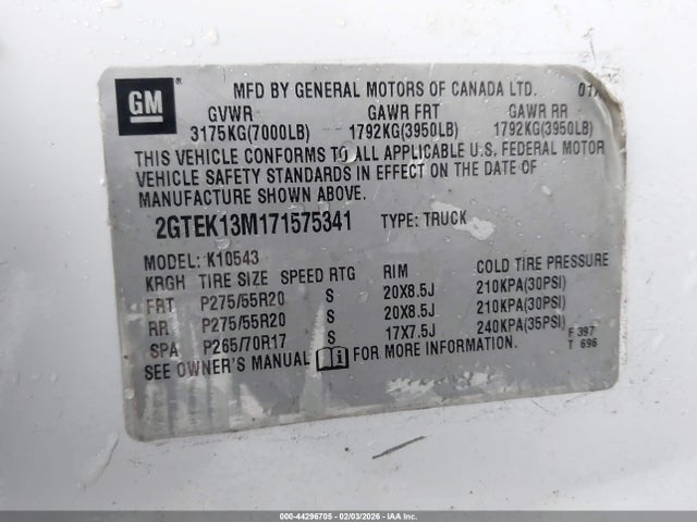44296705 :رقم المزاد ، 2GTEK13M171575341 vin ، 2007 Gmc Sierra 1500 Slt مزاد بيع