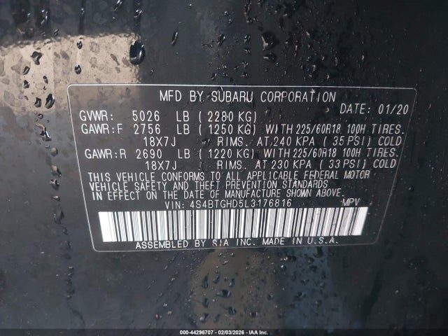 4S4BTGHD5L3176816 Subaru Outback Onyx Edition Xt