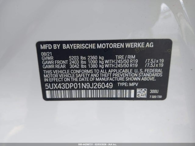 Aukcja sprzedaży 2022 Bmw X3 Sdrive30i, vin: 5UX43DP01N9J26049, numer aukcji: 44296721