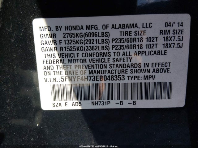 Honda Pilot Ex-l 2014 5FNYF4H73EB048353 Image 9