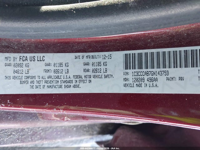 2016 Chrysler 200 Limited მანქანა იყიდება აუქციონზე, vin: 1C3CCCAB7GN143759, აუქციონის ნომერი: 44296877