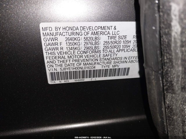44296974 :رقم المزاد ، 5J8YE1H00NL016334 vin ، 2022 Acura Mdx A-spec Package مزاد بيع