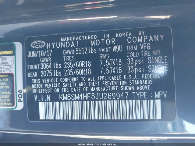 KM8SM4HF8JU269947 Hyundai Santa Fe Se