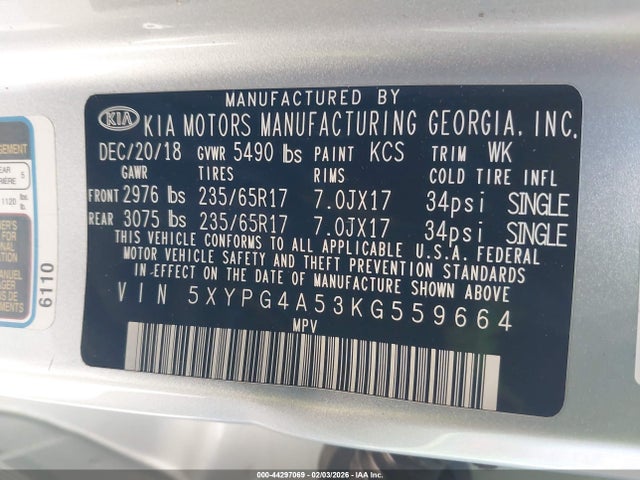 5XYPG4A53KG559664 KIA Sorento 3.3l Lx