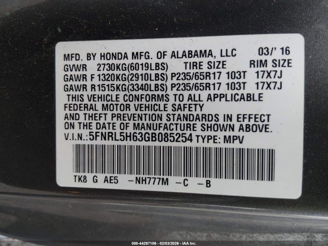 5FNRL5H63GB085254 Honda Odyssey Ex-l