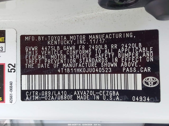 4T1B11HK0JU040523 Toyota CAMRY XLE
