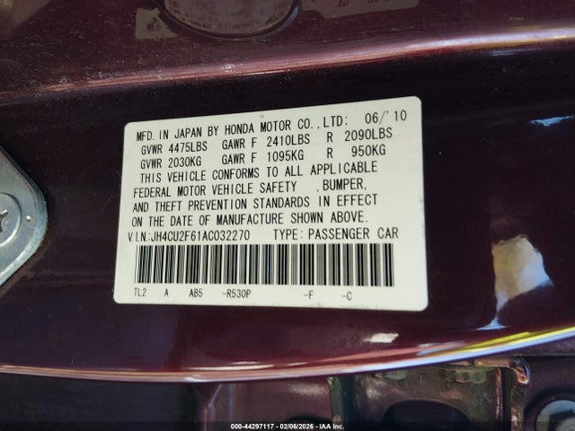 44297117 :رقم المزاد ، JH4CU2F61AC032270 vin ، 2010 Acura Tsx 2.4 مزاد بيع