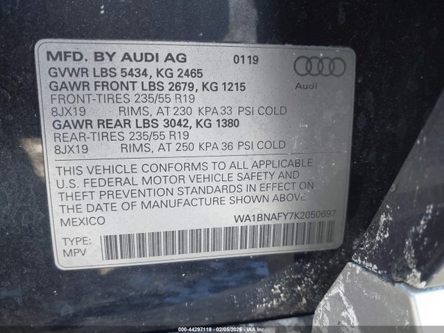 2019 Audi Q5 45 Premium მანქანა იყიდება აუქციონზე, vin: WA1BNAFY7K2050697, აუქციონის ნომერი: 44297118