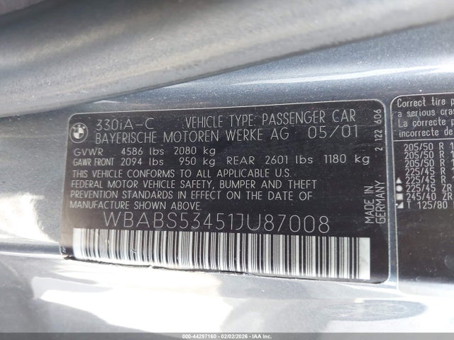 Продаж на аукціоні авто 2001 Bmw 330ci, vin: WBABS53451JU87008, номер лоту: 44297160