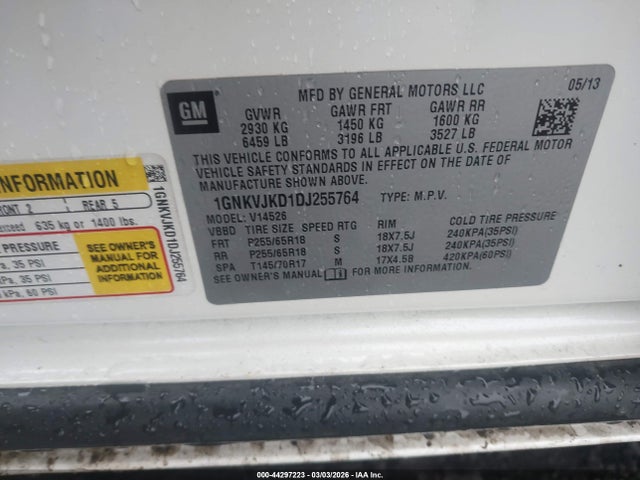 44297223 :رقم المزاد ، 1GNKVJKD1DJ255764 vin ، 2013 Chevrolet Traverse 2lt مزاد بيع
