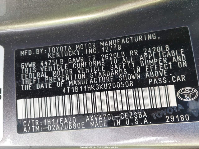 4T1B11HK3KU200508 Toyota CAMRY SE