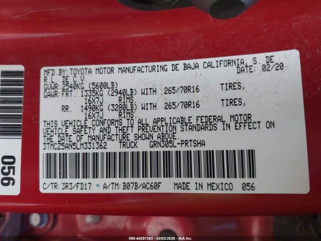 44297363 :رقم المزاد ، 3TMCZ5AN5LM331362 vin ، 2020 Toyota Tacoma Trd Off-road مزاد بيع