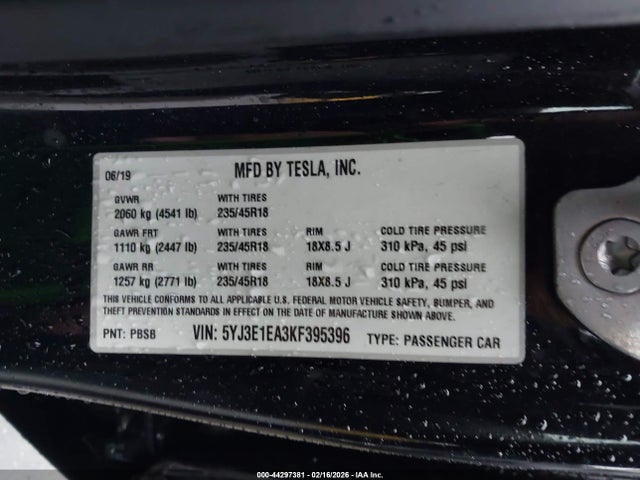 Продажа на аукционе авто 2019 Tesla Model 3 Long Range/mid Range/standard Range/standard Range Plus, vin: 5YJ3E1EA3KF395396, номер лота: 44297381