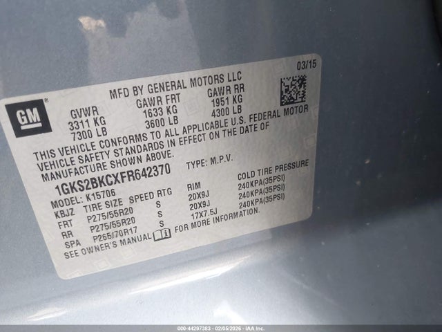 1GKS2BKCXFR642370 GMC YUKON SLT