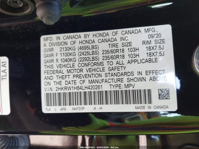 2HKRW1H84LH420261 Honda Cr-v 2wd Ex-l