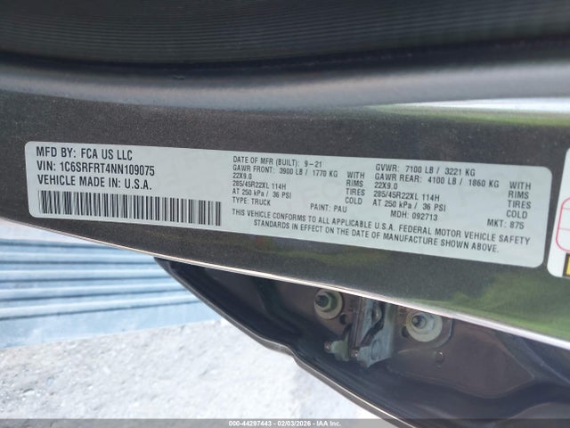 Продаж на аукціоні авто 2022 Ram 1500 Laramie  4x4 6'4 Box, vin: 1C6SRFRT4NN109075, номер лоту: 44297443