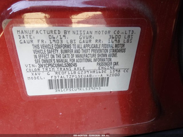 3N1CP5CU9KL539245 Nissan KICKS SR