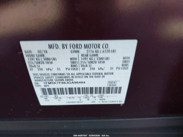 1FM5K7F88JGA98494 Ford Explorer Limited