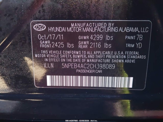 2012 Hyundai Sonata Gls მანქანა იყიდება აუქციონზე, vin: 5NPEB4AC2CH398089, აუქციონის ნომერი: 44297665
