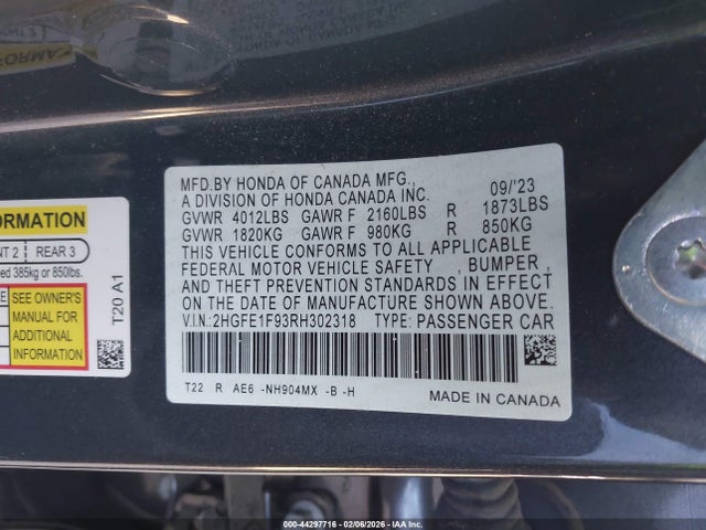 Honda Civic Touring 2024 2HGFE1F93RH302318 Image 9