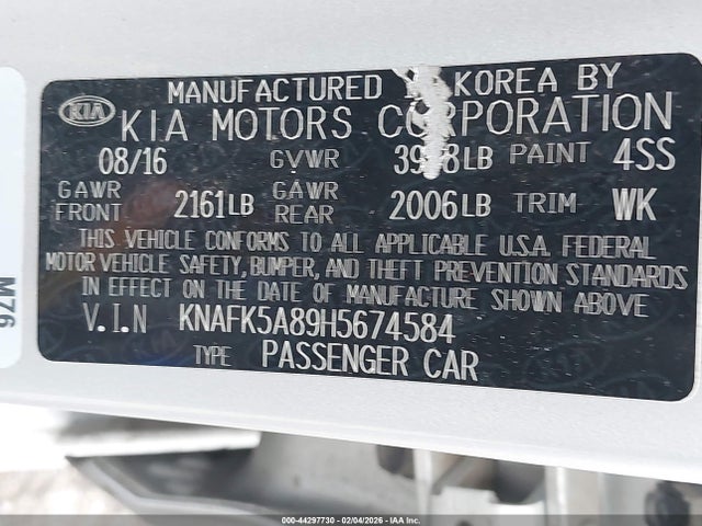 KNAFK5A89H5674584 KIA FORTE LX