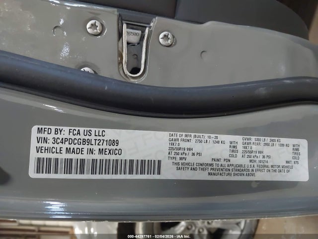 44297761 :رقم المزاد ، 3C4PDCGB9LT271089 vin ، 2020 Dodge Journey Crossroad مزاد بيع
