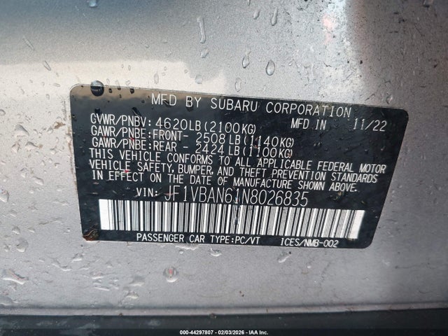 JF1VBAN61N8026835 Subaru Wrx Limited