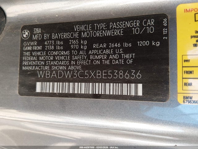 Aukcja sprzedaży 2011 Bmw 328i, vin: WBADW3C5XBE538636, numer aukcji: 44297850