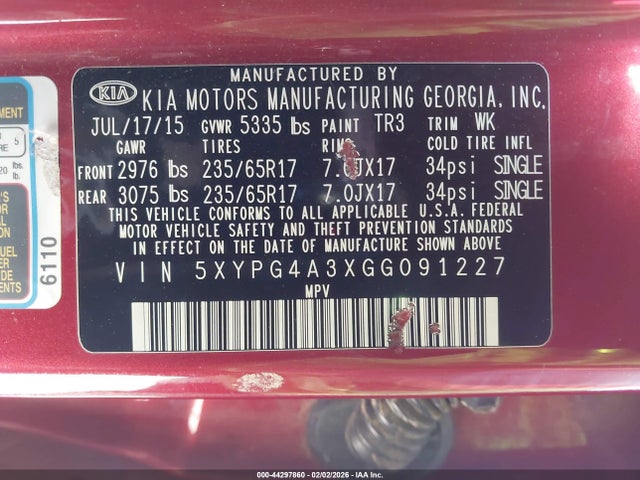 5XYPG4A3XGG091227 KIA Sorento 2.4l Lx
