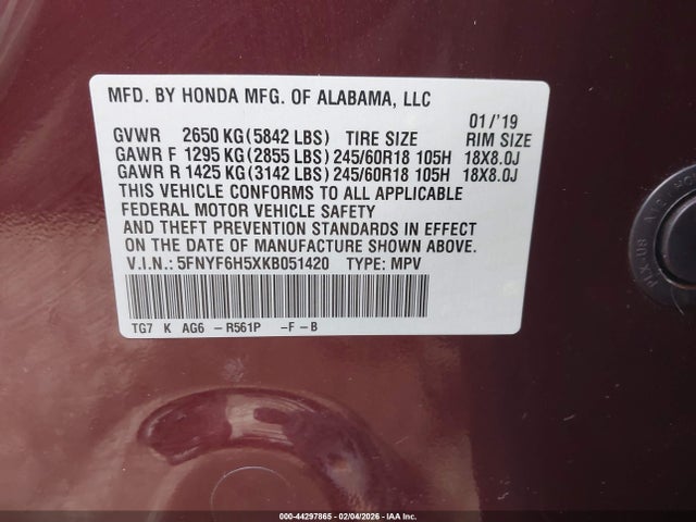 44297865 :رقم المزاد ، 5FNYF6H5XKB051420 vin ، 2019 Honda Pilot Ex-l مزاد بيع