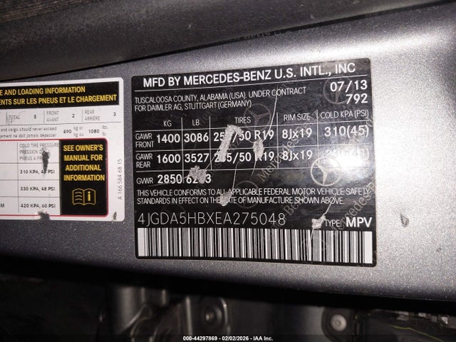 Auction sale of the 2014 Mercedes-benz Ml 350 4matic, vin: 4JGDA5HBXEA275048, lot number: 44297869