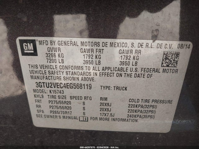 Aukcja sprzedaży 2014 Gmc Sierra 1500 Slt, vin: 3GTU2VEC4EG568119, numer aukcji: 44297870