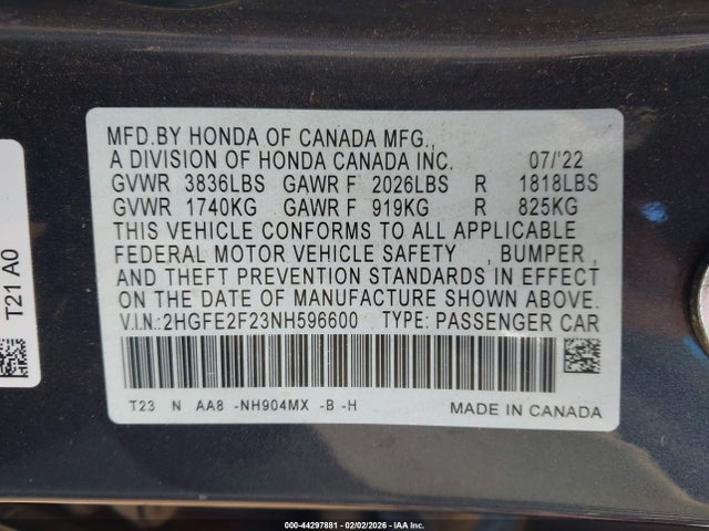 2HGFE2F23NH596600 Honda Civic Lx