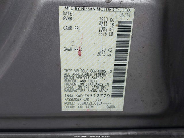 1N4AL3AP0FN312779 Nissan Altima 2.5/2.5 S/2.5 Sl/2.5 Sv