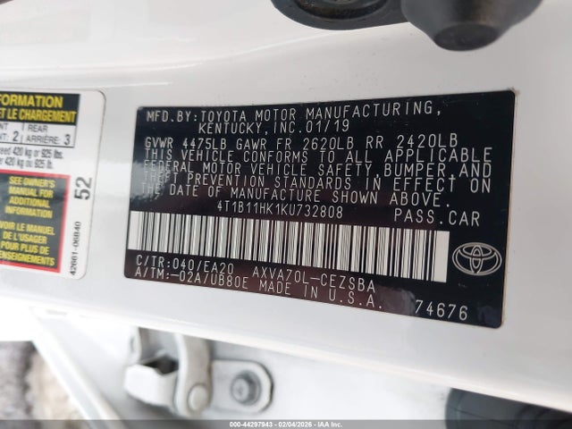 4T1B11HK1KU732808 Toyota CAMRY SE