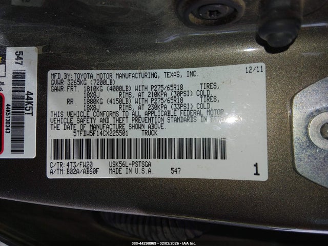 44298069 :رقم المزاد ، 5TFDW5F14CX225501 vin ، 2012 Toyota Tundra Grade 5.7l V8 مزاد بيع