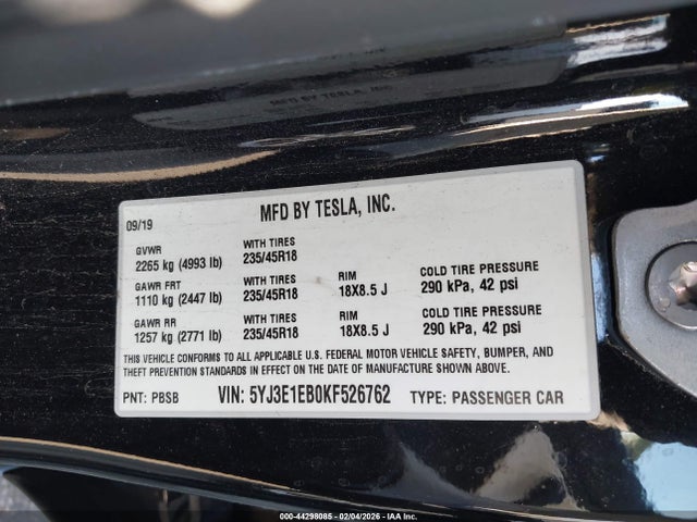 2019 Tesla Model 3 Long Range/performance მანქანა იყიდება აუქციონზე, vin: 5YJ3E1EB0KF526762, აუქციონის ნომერი: 44298085