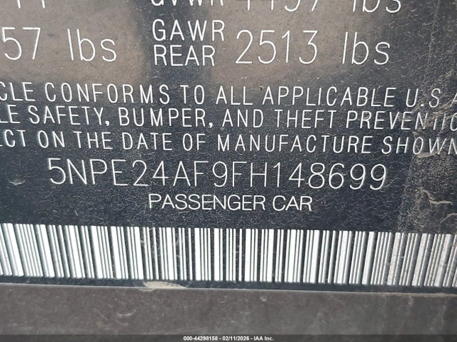 5NPE24AF9FH148699 Hyundai SONATA SE