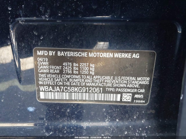 2019 Bmw 530i Xdrive მანქანა იყიდება აუქციონზე, vin: WBAJA7C58KG912061, აუქციონის ნომერი: 44298239