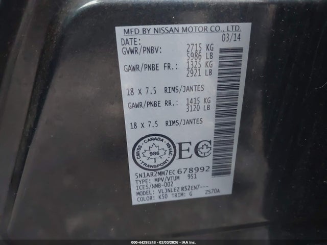 5N1AR2MM7EC678992 Nissan Pathfinder Platinum/s/sl/sv
